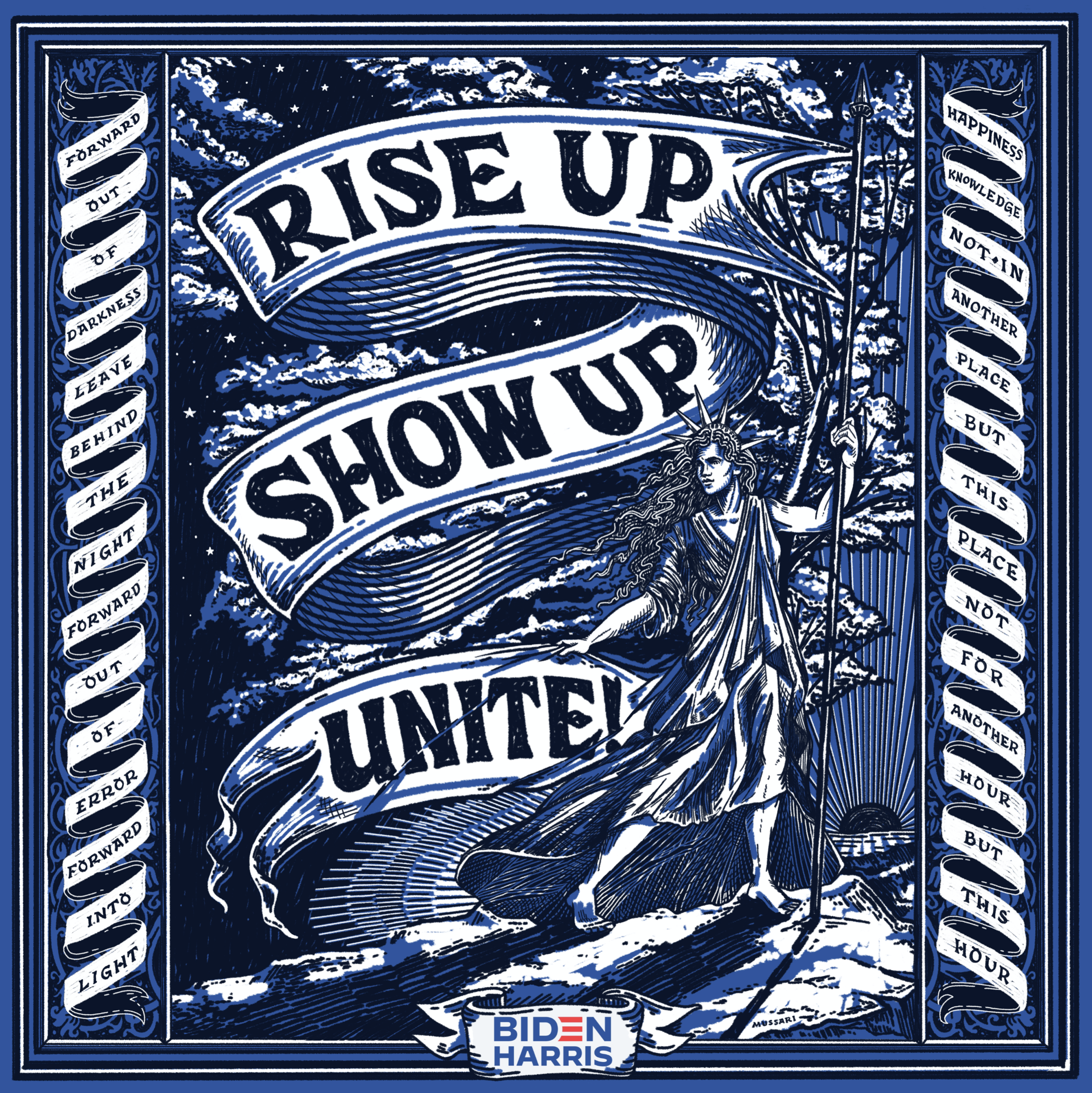 Lettering art of the phrase 'Rise up. Show up. Unite!' by Jen Mussari