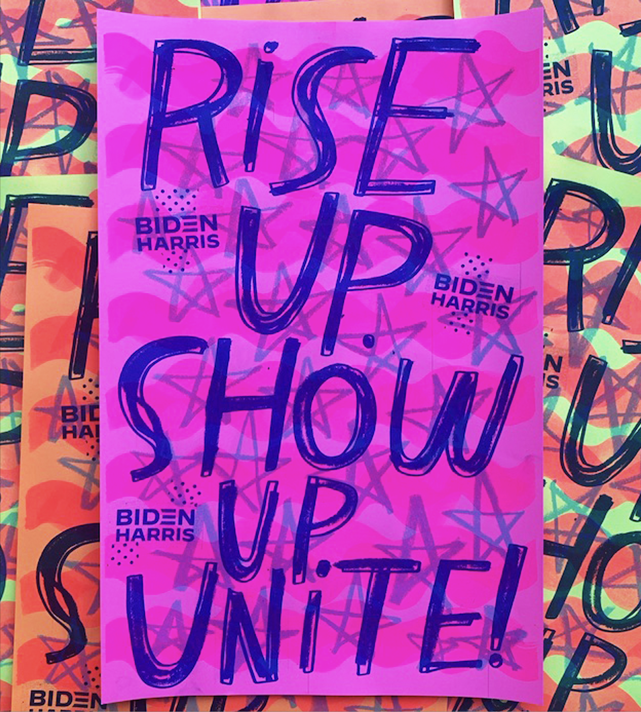 Lettering art of the phrase 'Rise up. Show up. Unite!' by Kate Bingaman-Burt
