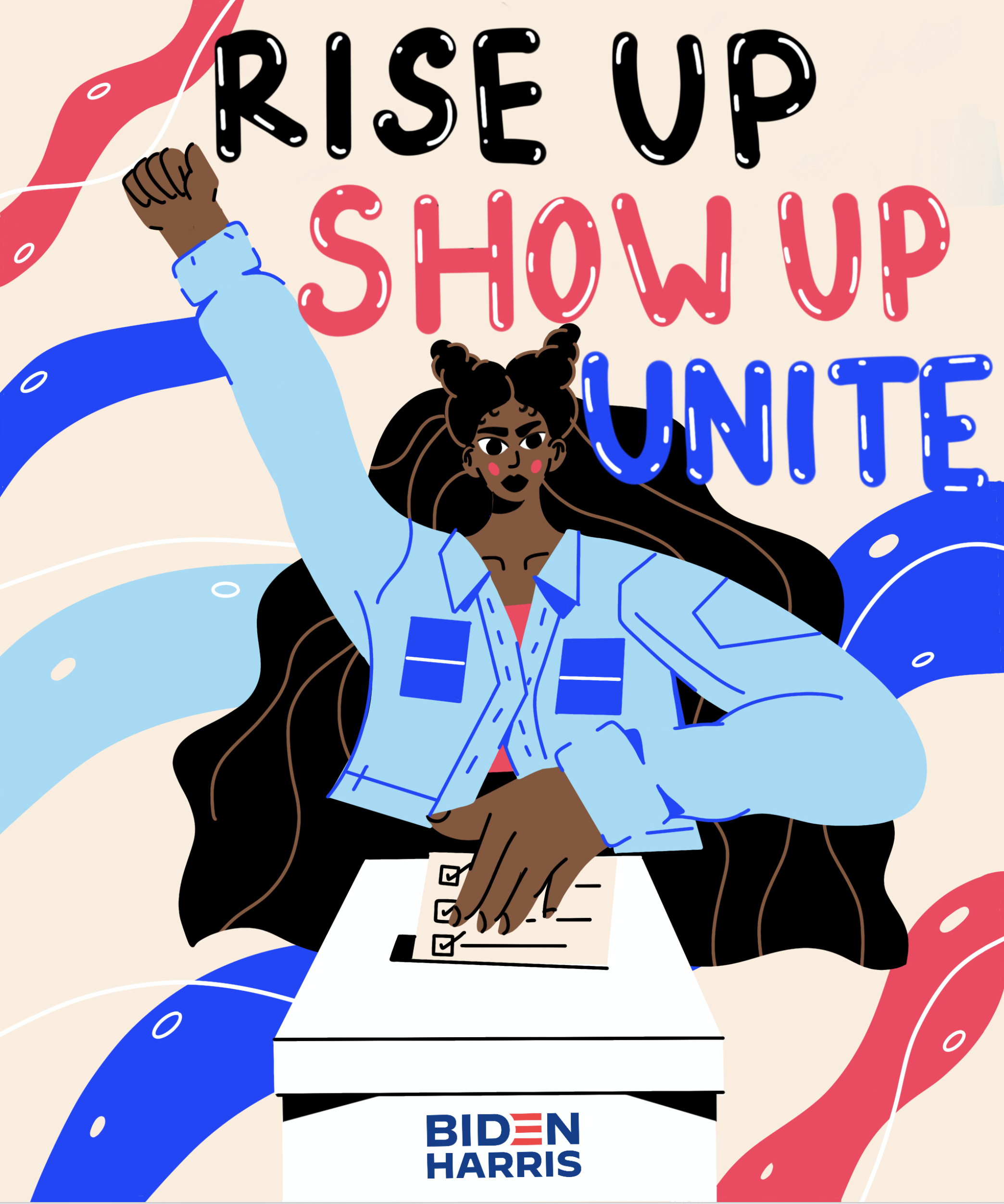 Lettering art of the phrase 'Rise up. Show up. Unite!' by Maya Ealey